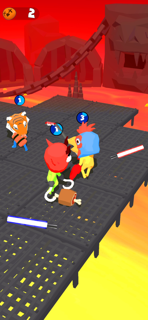 Stickman Boxing Battle 3D - 動物のマスクをつけたスティックマンキャラクターが、ラグドール物理学のある溶岩の上の3Dアリーナで戦っている。