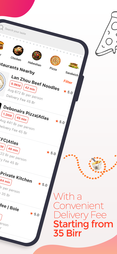 Pantalla de la aplicación beU Delivery que muestra una lista de restaurantes locales y tarifas de entrega asequibles a partir de 35 Birr.