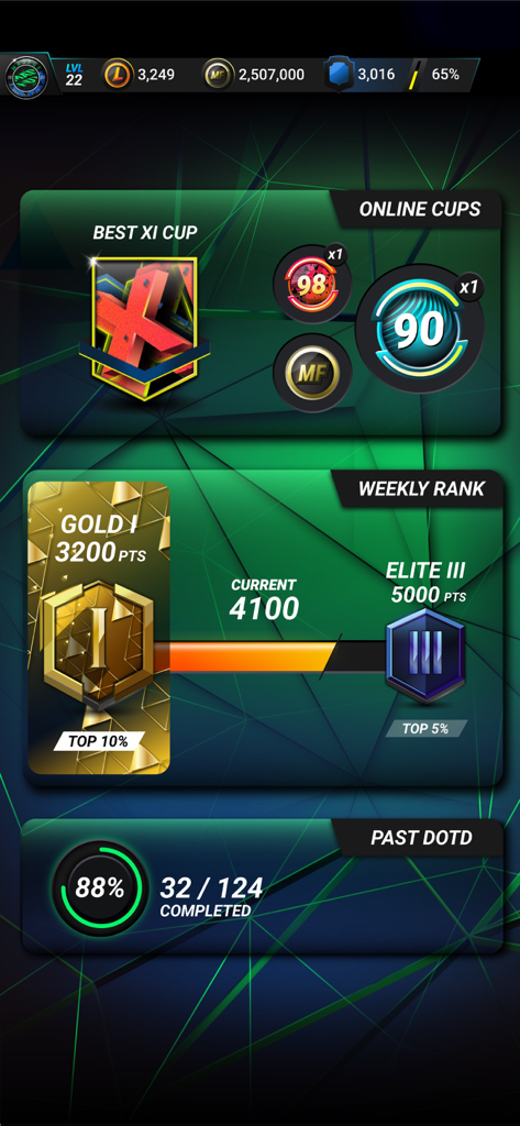 A display of MADFUT 26 weekly rank progress and online cups menu