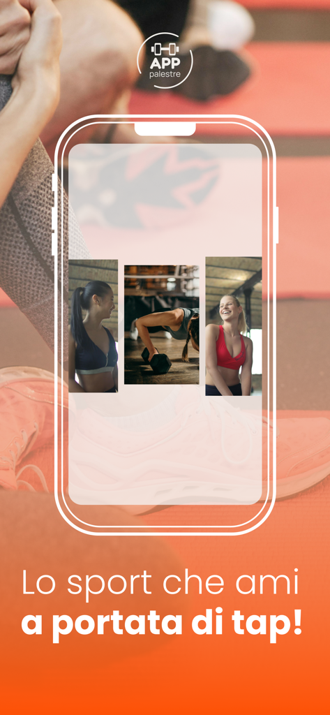 APP Palestre splash screen showing fitness enthusiasts and the app logo
