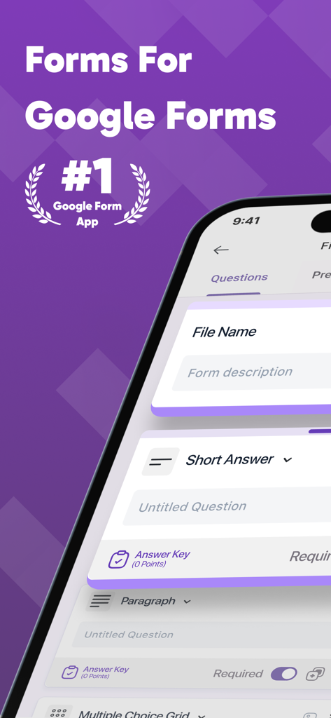 モバイル画面にさまざまな質問タイプが表示されたGoogleフォーム作成アプリのユーザーインターフェース