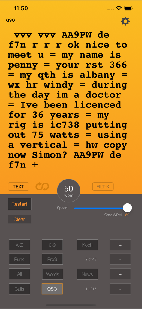 Ham Morse - Ham Morse app interface showing a simulated amateur radio conversation for Morse code practice