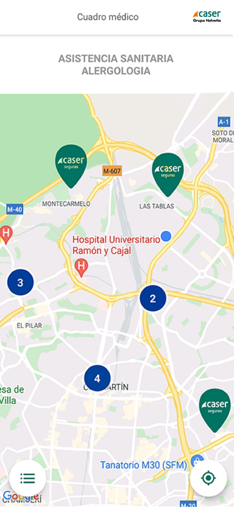 Map view of the Caser insurance app showing medical directory locations for allergology in Madrid