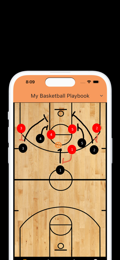 Cancha de baloncesto digital con jugadas tácticas dibujadas a mano y marcadores de jugadores