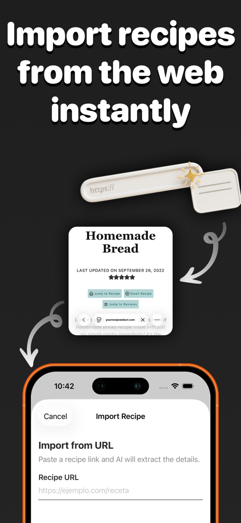 Recipe keeper & macros - Kuk - Kuk app interface for importing recipes from a website URL instantly