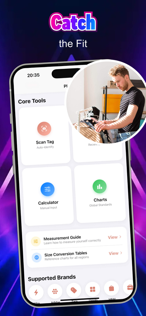 Pley - - Pleyのモバイルアプリインターフェースで、AIサイズレコメンデーションツールと衣類ブランドの統合を表示。