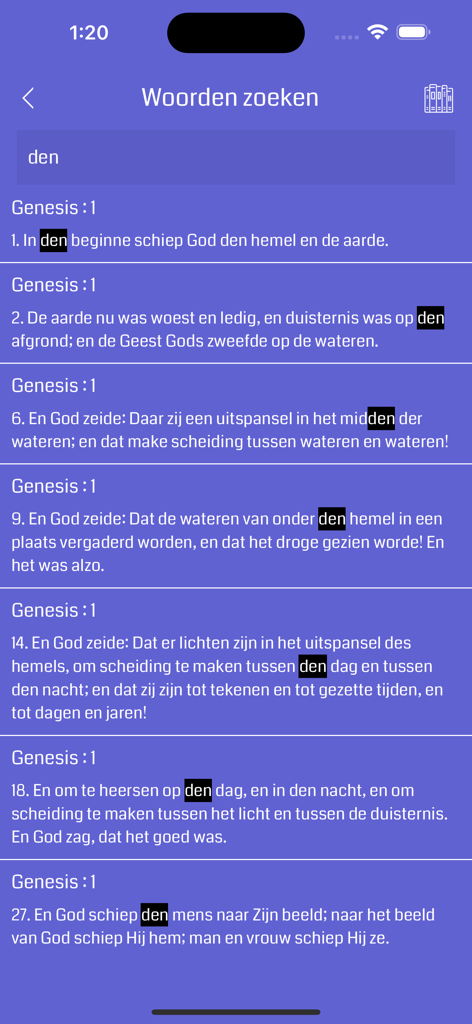 Bijbel offline - Captura de pantalla de la función de búsqueda de palabras en la aplicación Biblia en español mostrando versículos del Génesis