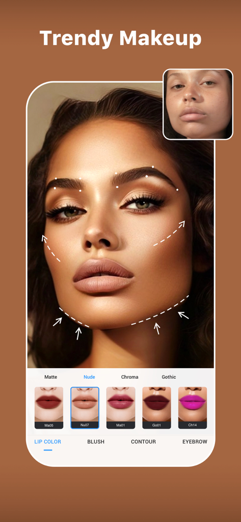 Face retouching and trendy makeup application interface in the Polish AI Photo Editor app
