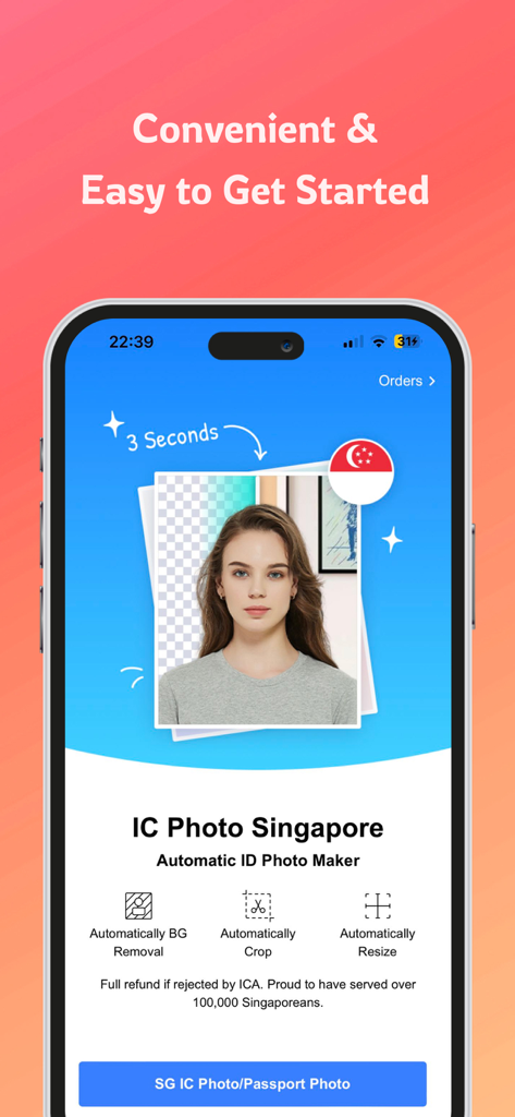 IC Photo Singapore Pro - Interface of IC Photo Singapore Pro app showing automatic background removal and cropping for passport photos.