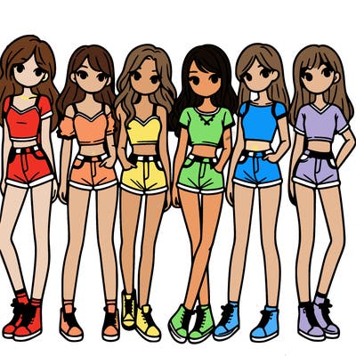 a group of girls wearing crop tops and shorts