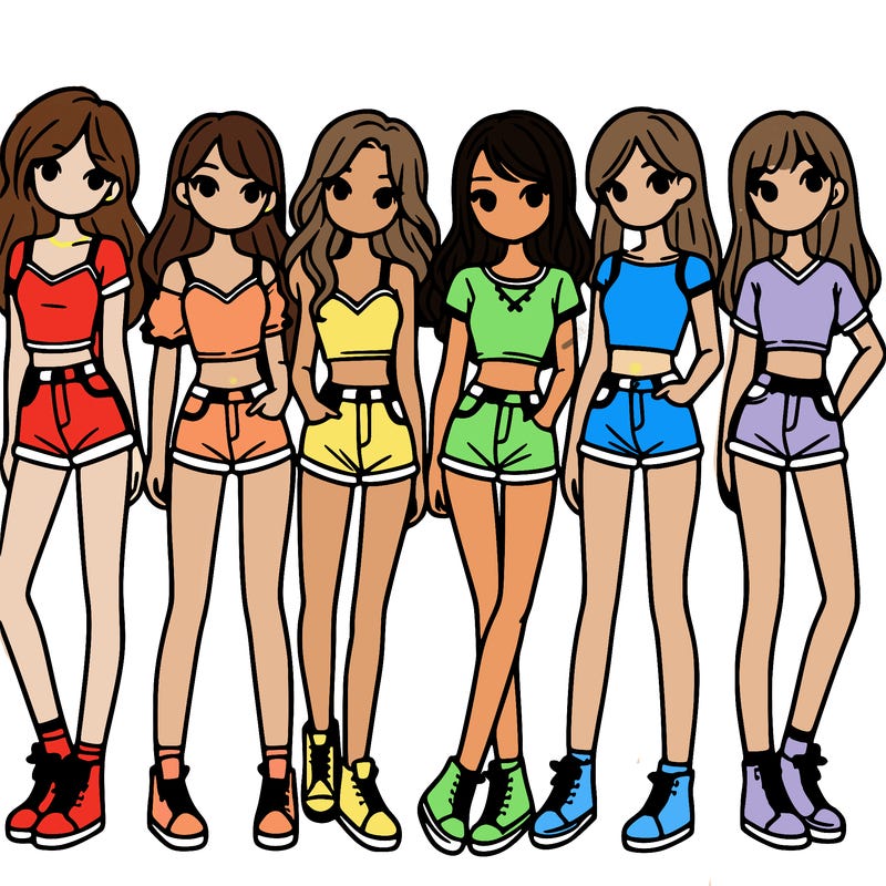 a group of girls wearing crop tops and shorts