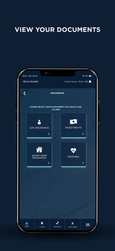 Pantalla de la App Móvil PPS que muestra categorías para seguros de vida, inversiones, seguros a corto plazo y documentos médicos.