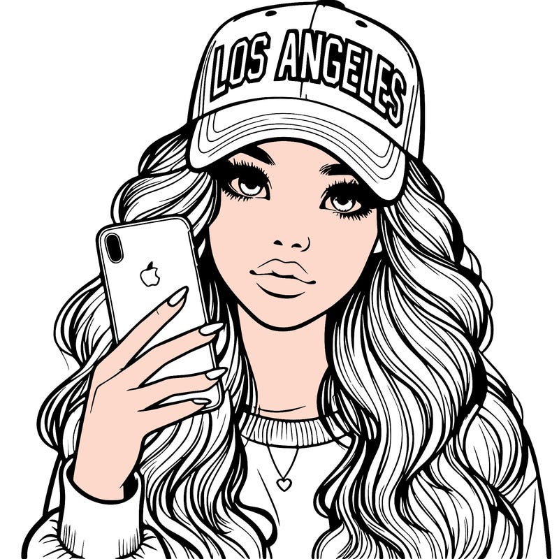realistic beautiful girl wearing los ángeles cap holding an iphone