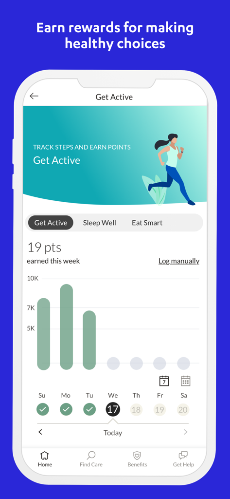 Castlight Mobile - Screenshot of Castlight Mobile activity tracker showing earned points and a weekly step history chart.