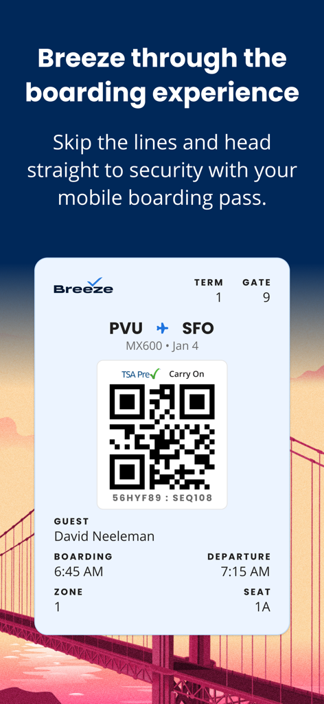 Breeze Airways - Breeze Airways 앱 인터페이스에 QR 코드가 있는 PVU-SFO행 항공편 모바일 탑승권 표시