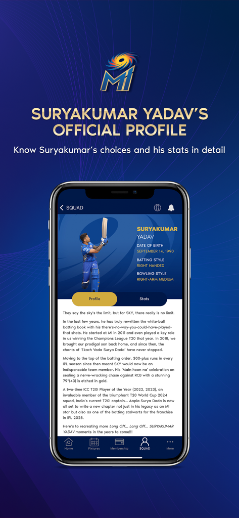 Mumbai Indians Official App - Página de perfil del jugador Suryakumar Yadav en la app móvil oficial de los Mumbai Indians.