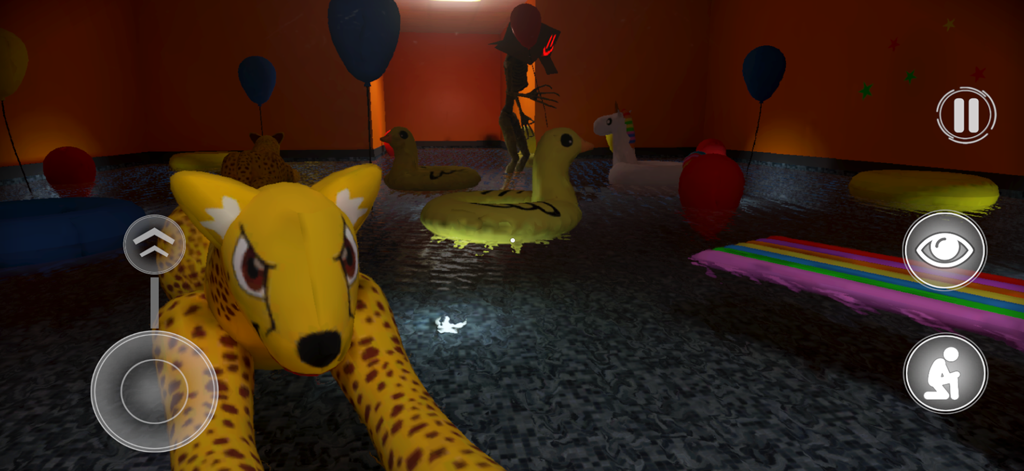 Backrooms: Level Fun - 물놀이 장난감과 키 큰 그림자 괴물이 있는 물에 잠긴 방의 1인칭 시점, 게임 Backrooms Level Fun.