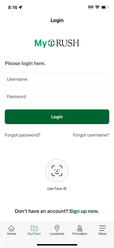 My Rush - Login screen for the My Rush app showing username and password fields and a Face ID option
