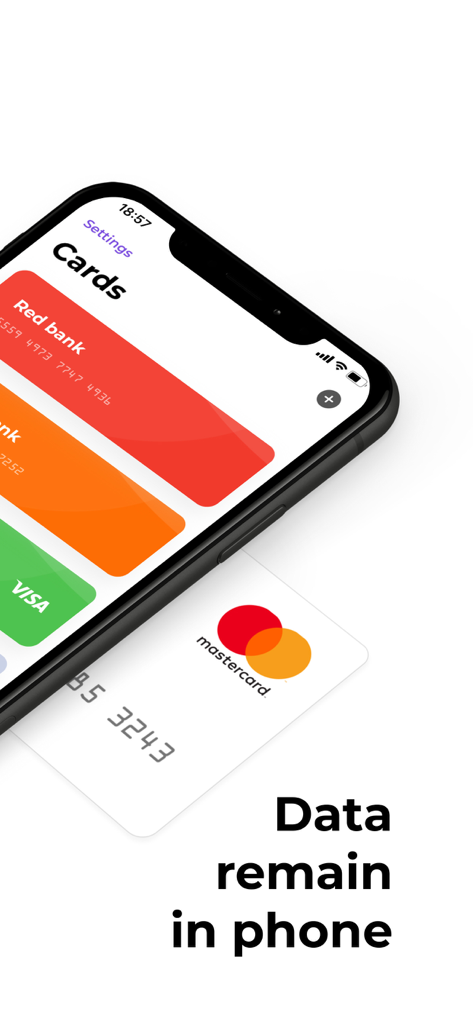 Interfaccia dell'app PIN Wallet che mostra carte bancarie colorate e un messaggio di sicurezza dei dati locali su uno schermo iPhone