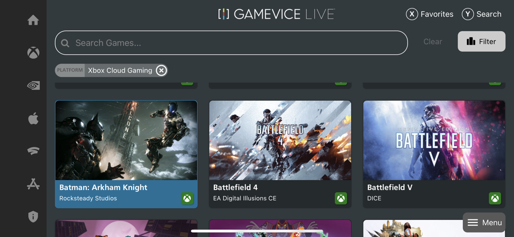 Gamevice Live - Resultados de búsqueda de Xbox Cloud Gaming en la aplicación Gamevice Live con Batman Arkham Knight y Battlefield