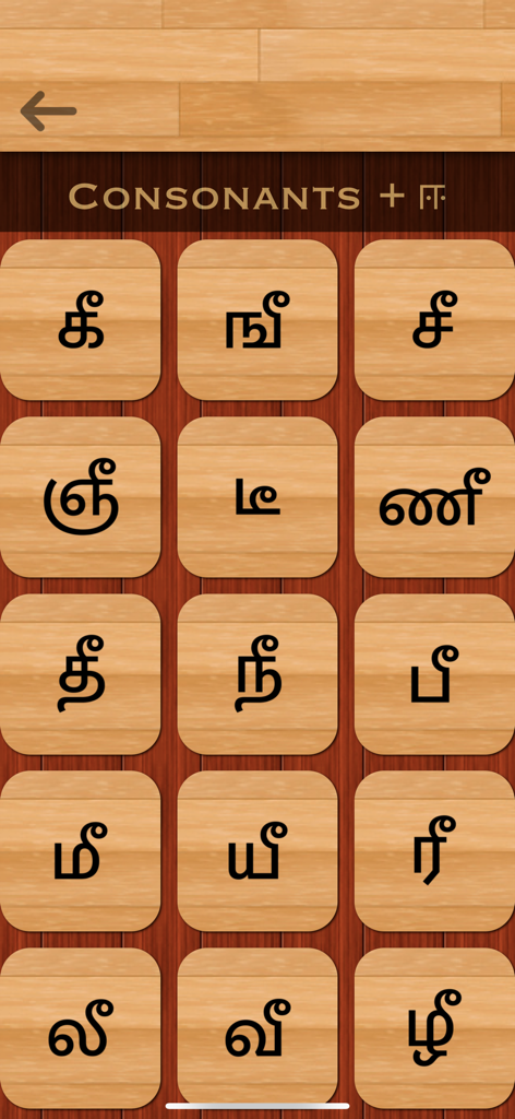 Grid of wooden tiles displaying Tamil consonant and vowel combinations