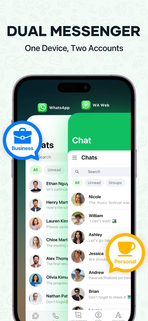 WA Web - Dual Messenger ⁺ - Smartphone interface showing dual messenger accounts for business and personal use on one device