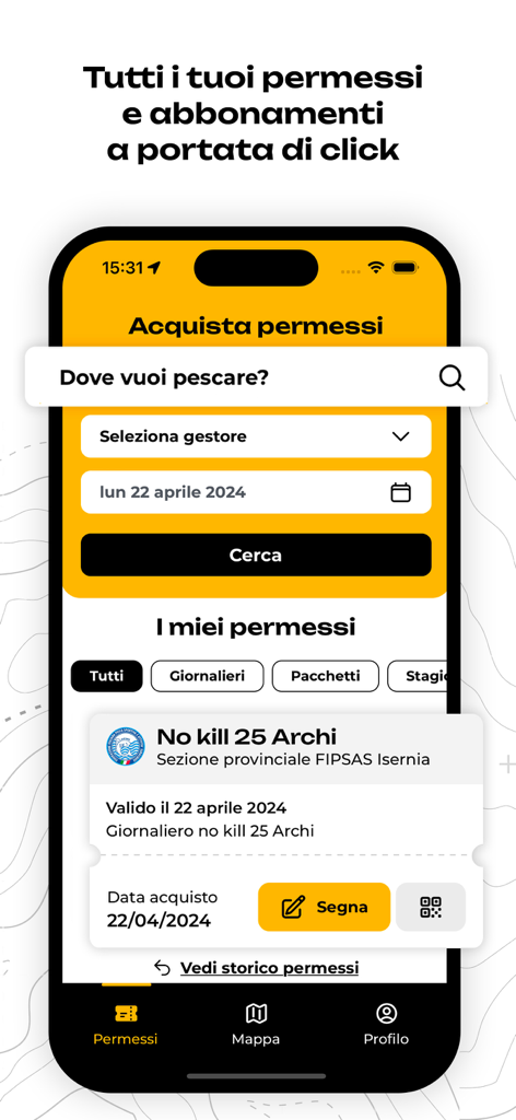 SpotFish - Fishing Spots - SpotFish mobile app screen displaying digital fishing permits and a purchase interface.