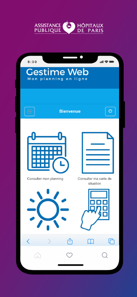 Interface of the AP-HP Pro app showing the Gestime Web scheduling tool with calendar and document icons