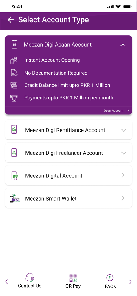 Meezan Digital Account Opening - Schermata dell'app mobile che mostra vari tipi di conto Meezan Bank, inclusi Digi Asaan Remittance e conti Freelancer