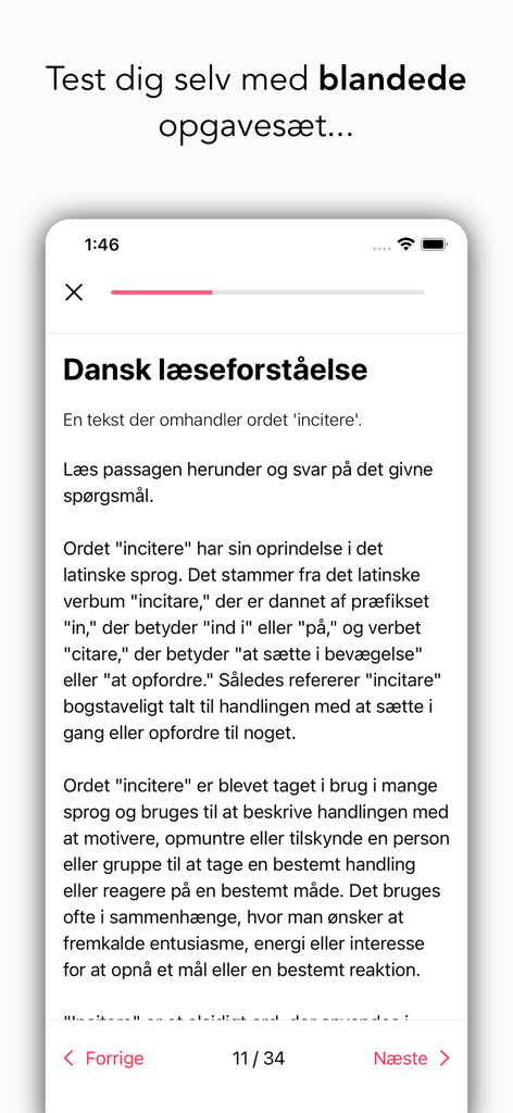 Kvote 2 Quiz - Tâche de compréhension de lecture danoise sur l'écran de l'application Kvote 2 Quiz.