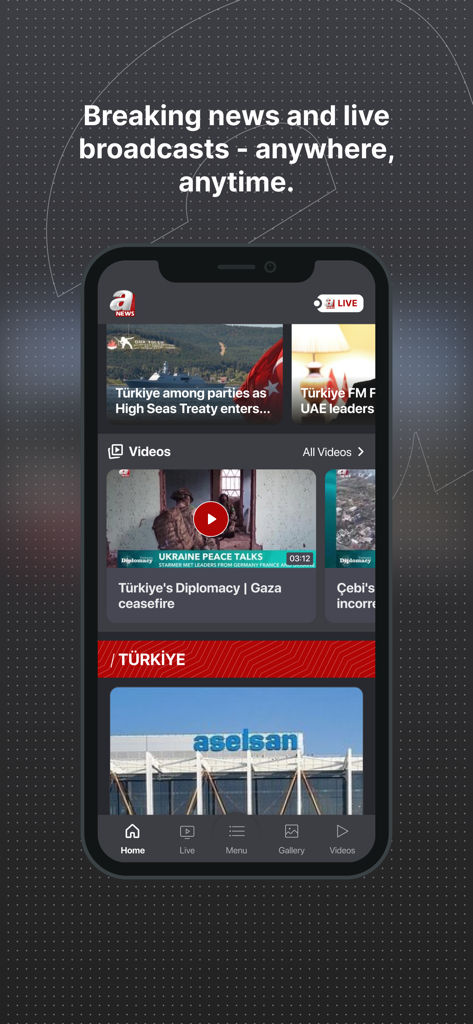 A News mobile app home screen showing breaking news and live updates