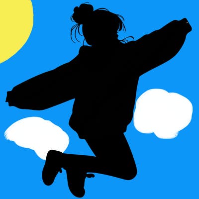 realistic girl jumping with a bun and oversized sweatshirt