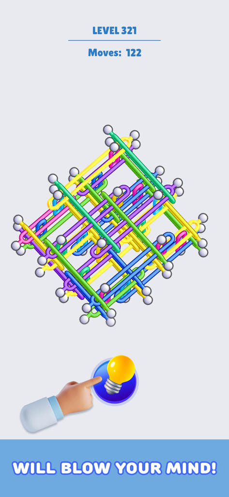 Pin Out Master: Tap Away Game - A complex level in Pin Out Master featuring a dense structure of colorful interlocking pins with a hint button below.