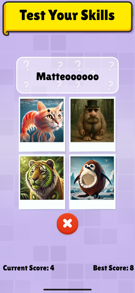 Brainrot Puzzle: Meme Animals - Tela de teste de habilidade do aplicativo Brainrot Puzzle com memes absurdos de animais como um camarão gato e um tigre kiwi