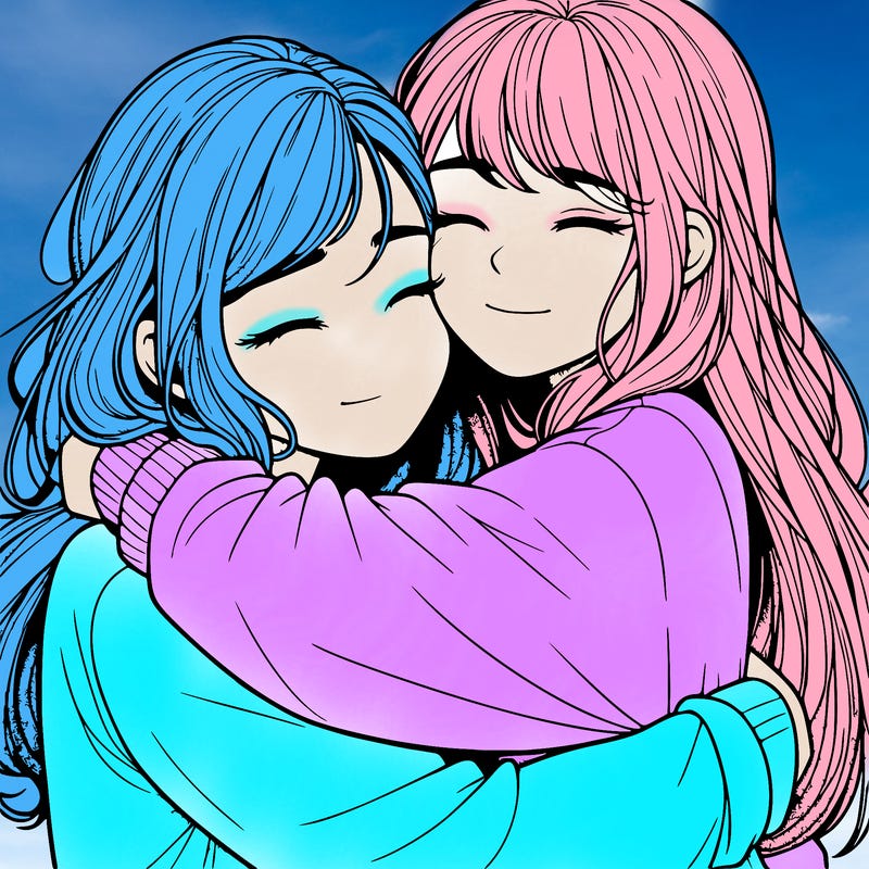realistic two girls hugging