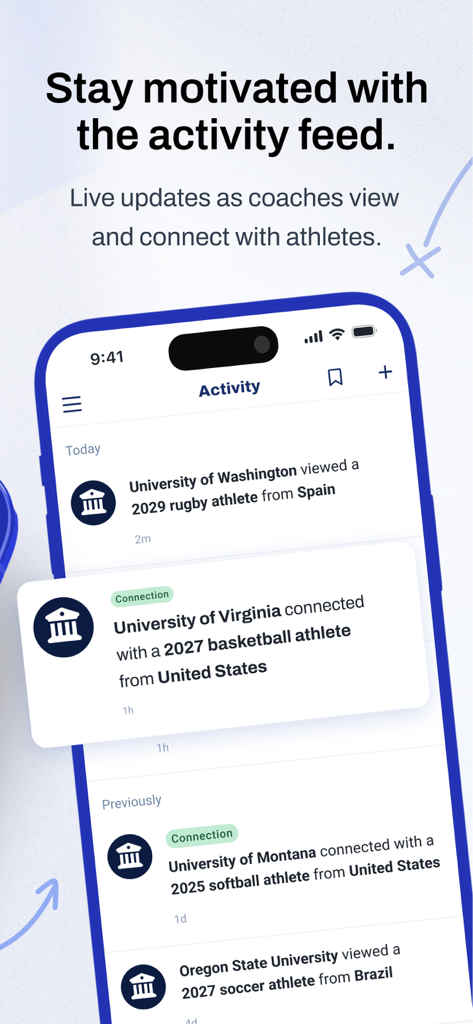 ASM Sports - Mobile app interface of ASM Sports showing a live activity feed of college coaches viewing and connecting with student athletes.