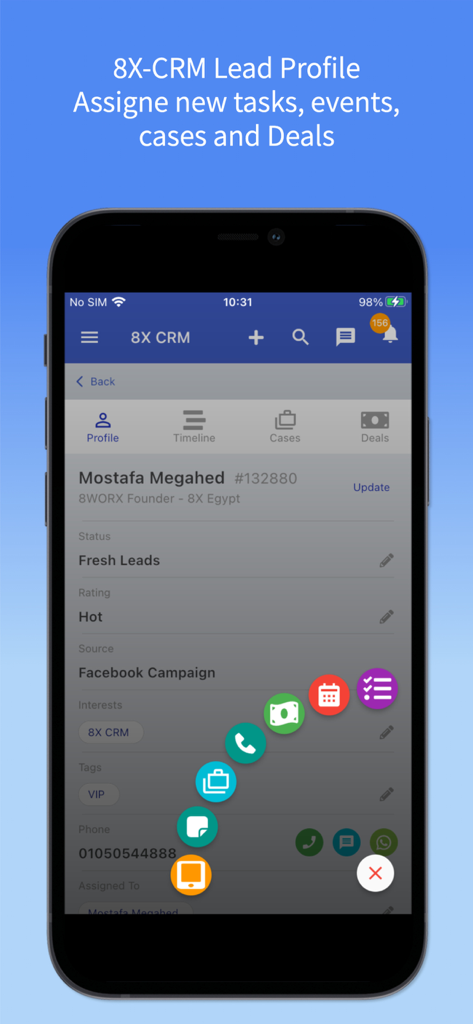 8X CRM mobile app lead profile screen showing lead status and task icons