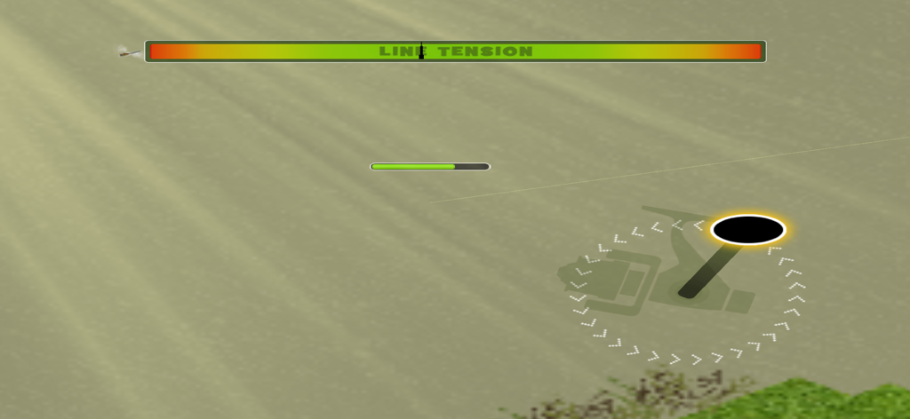 Pantalla de juego de Carpcraft que muestra un medidor de tensión de línea y la interfaz de control del carrete de pesca.