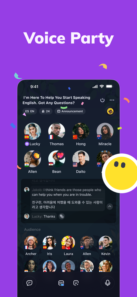 Talkin: Global Friends & Chat - Une capture d'écran de l'application Talkin montrant une salle de Soirée Vocale où des utilisateurs de différents pays rejoignent une discussion vocale de groupe avec traduction en temps réel.