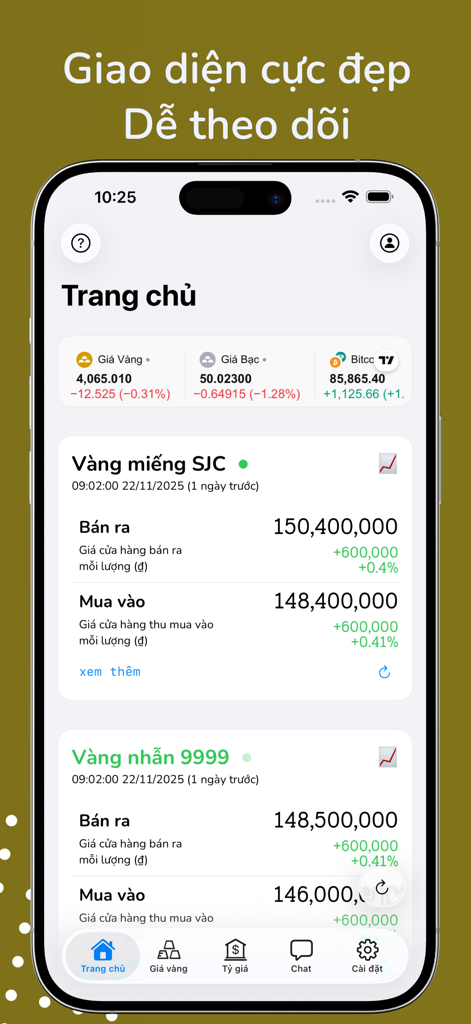 Giá Vàng - Tỷ Giá Ngoại Tệ - Dashboard of the Gold Price app showing real-time SJC gold rates and market data in Vietnamese.