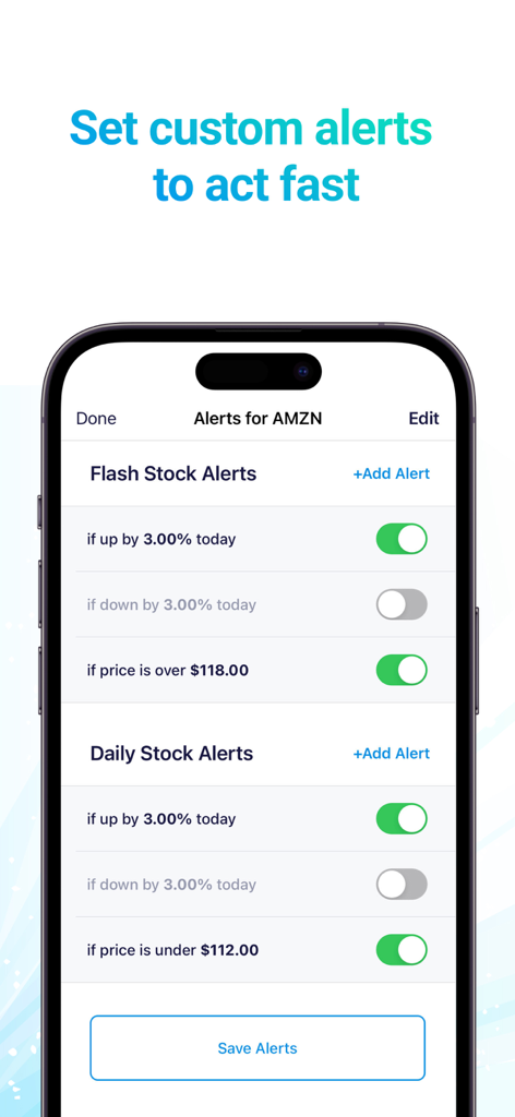 Stocks+ app - Interface for setting custom price and percentage alerts for stocks in the Stocks plus app
