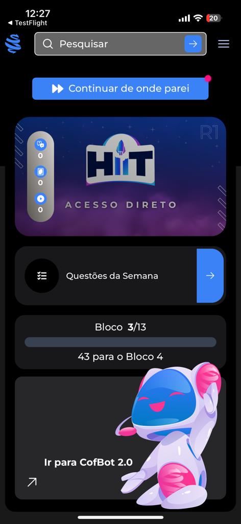 MedCof Aulas - Home screen of MedCof Aulas app showing study progress and medical residency exam preparation modules.