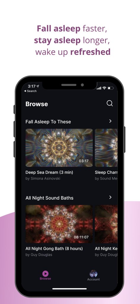 La interfaz de la aplicación The Sound Bath mostrando sesiones curadas de baño de sonido para dormir y relajación.