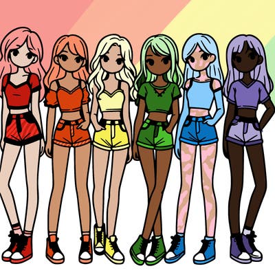 a group of girls wearing crop tops and shorts