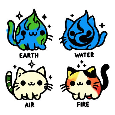 4 cats that represent the different elements, earth, water, air, and fire