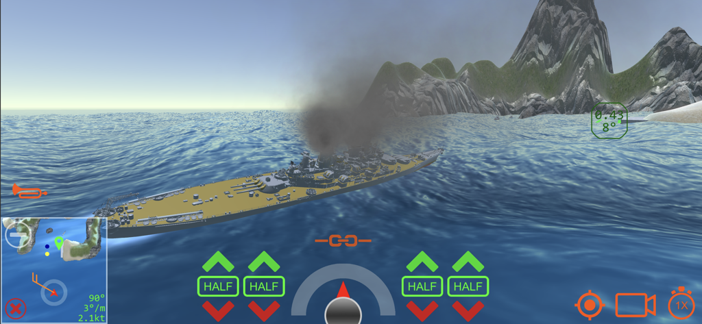 Gameplay screenshot showing a battleship navigating through open water near islands with on-screen simulator controls.