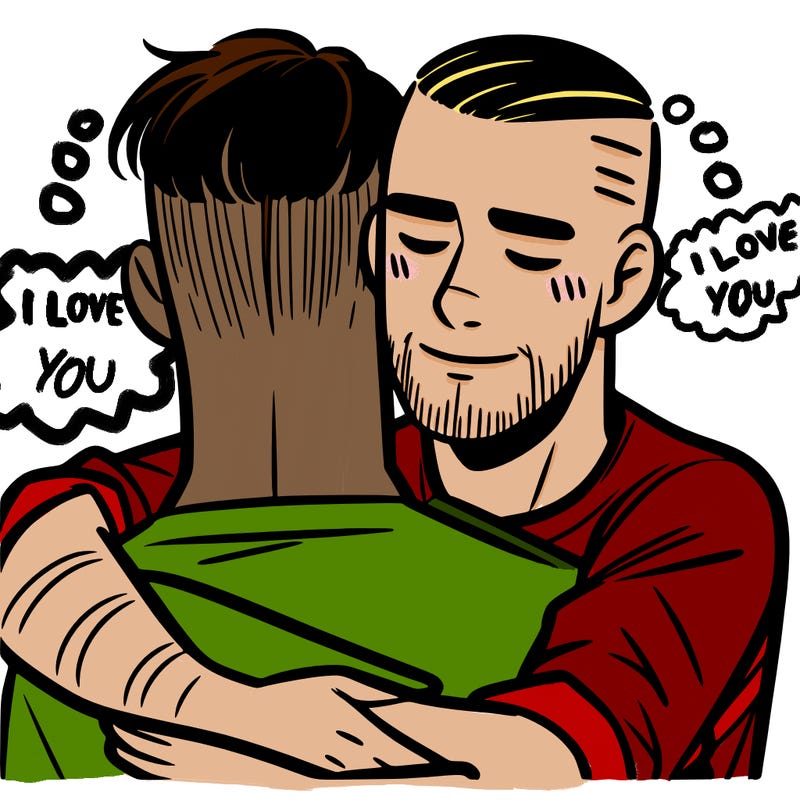 a man with a buzz cut hugging another man with short hair