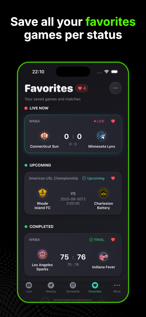 DRM - Live Sports Score & News - DRM sports app favorites screen showing live and completed game scores in dark mode
