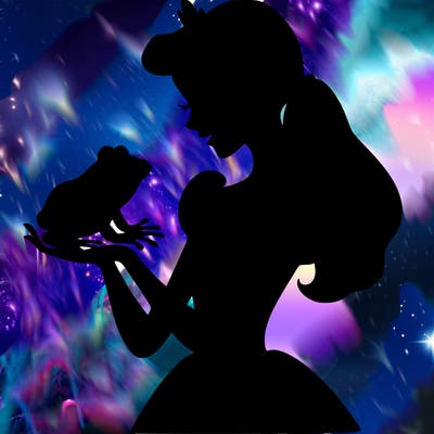 a shadow of a princess holding a frog realistic