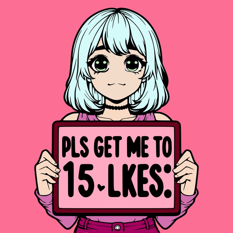realistic girl holding up a sign that says “pls get me to 15 likes!”